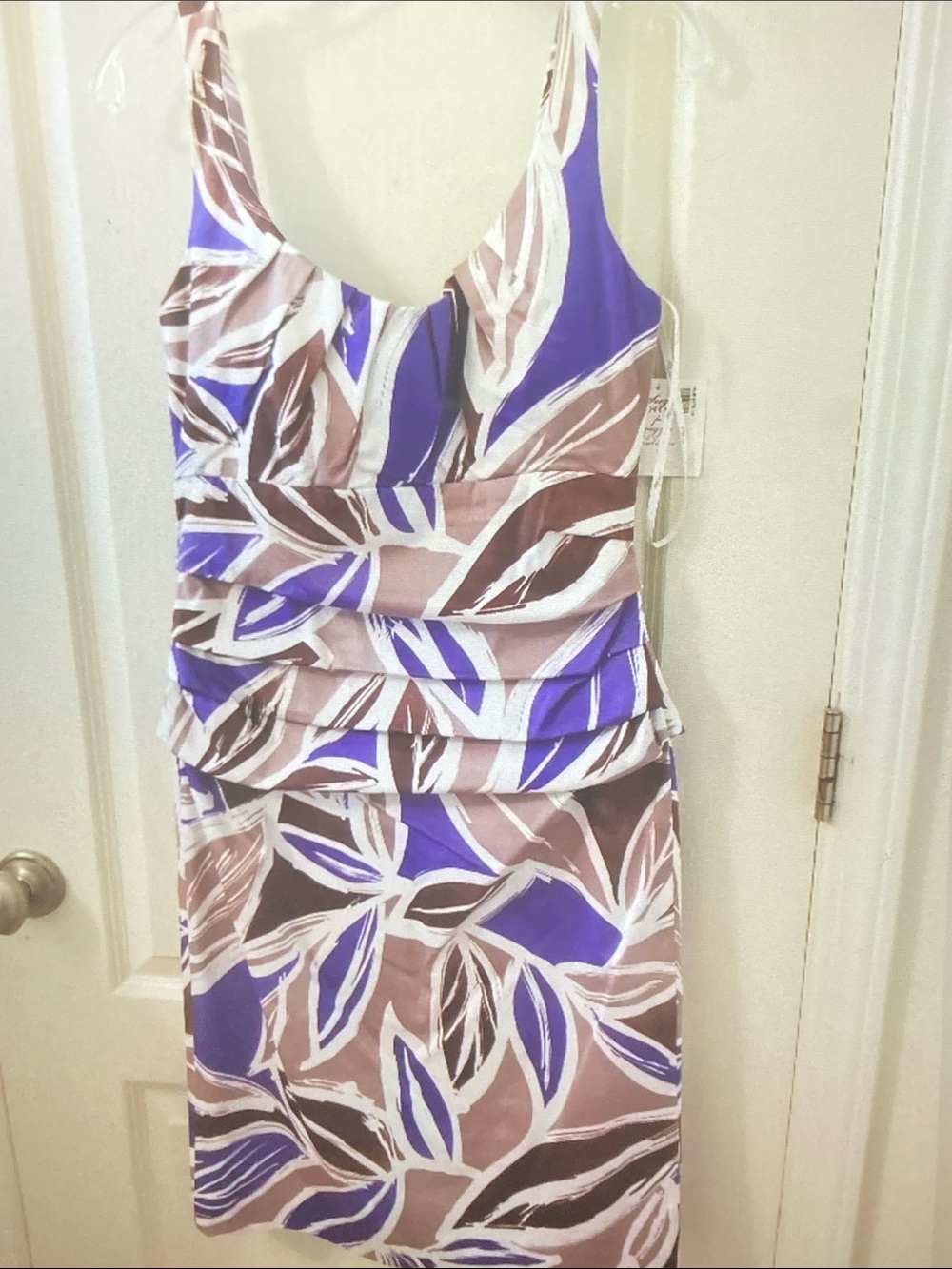 Suzi Chin for Maggy Boutique Purple and Brown Leaf-Print Sleeveless Dress
